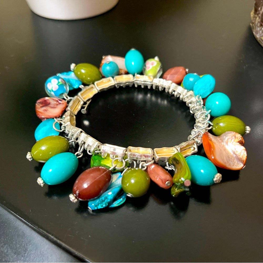 Vintage Beaded Bracelet Stretch Turquoise & Green Boho